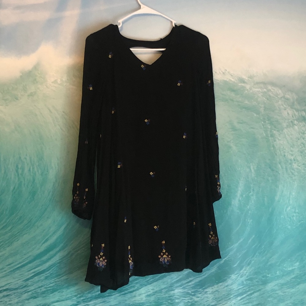 Black Flowy Long Sleeve Dress with floral designs